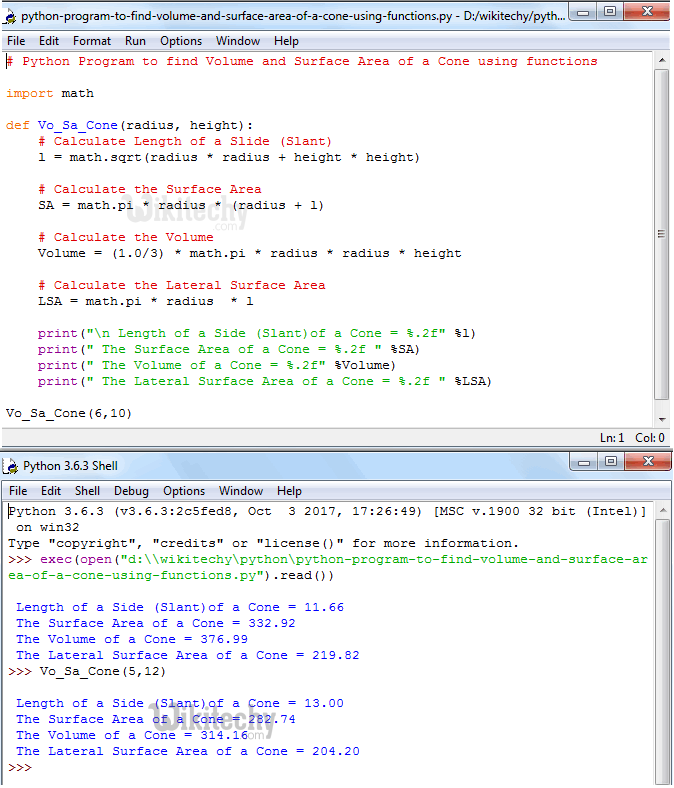  Python Program to find Volume and Surface Area of a Cone using functions