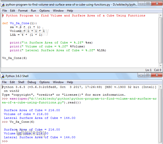  Python Program to find Volume and Surface Area of a Cube using functions